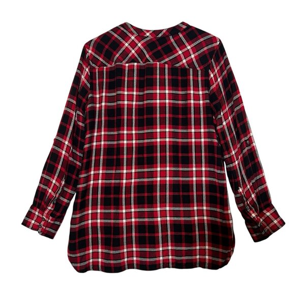 Talbots Women’s Shirt Medium Red Plaid Flannel Button Roll Tab Sleeves Bib Neck - Picture 2 of 10